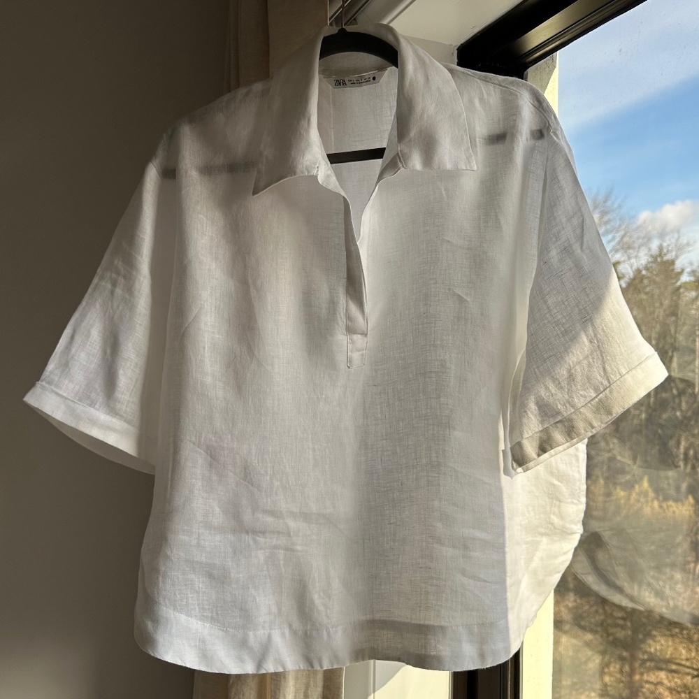 ZARA White Linen Shirt Blouse - Small